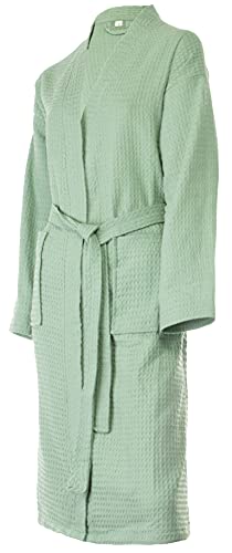 Brandsseller Bademantel Unisex M Baumwolle Waffelpiqué leichter Hausmantel für Damen und Herren - Grün - 2