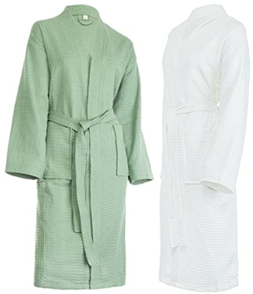 Brandsseller Bademantel Unisex M Baumwolle Waffelpiqué leichter Hausmantel für Damen und Herren - Grün - 7