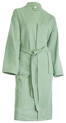Brandsseller Bademantel Unisex M Baumwolle Waffelpiqué leichter Hausmantel für Damen und Herren - Grün - 1