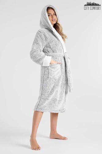 CityComfort Bademantel Damen Flauschig, Fleece Morgenmantel Damen Dressing Gown Women (Zweifarbiges Grau, L) - 4