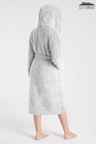 CityComfort Bademantel Damen Flauschig, Fleece Morgenmantel Damen Dressing Gown Women (Zweifarbiges Grau, L) - 7