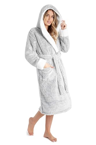 CityComfort Bademantel Damen Flauschig, Fleece Morgenmantel Damen Dressing Gown Women (Zweifarbiges Grau, L) - 1