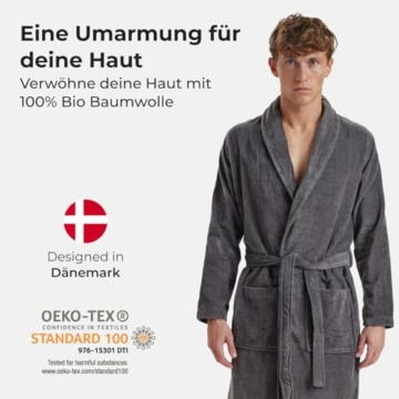 Claudio Bademantel Herren Frotté – 100% Bio–Baumwolle – Oeko–Tex Zertifiziert – Weich & Saugstark – XL – Grau - 2