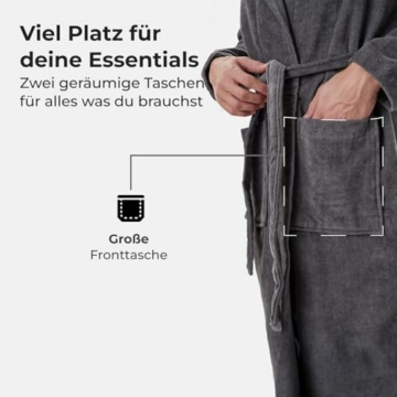 Claudio Bademantel Herren Frotté – 100% Bio–Baumwolle – Oeko–Tex Zertifiziert – Weich & Saugstark – XL – Grau - 3
