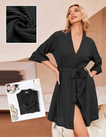 Ekouaer Damen Waffelpique Morgenmantel V-Ausschnitt Bademantel leicht kurz Sleepewear 3/4 Ärmel Saunamantel Schwarz M - 2