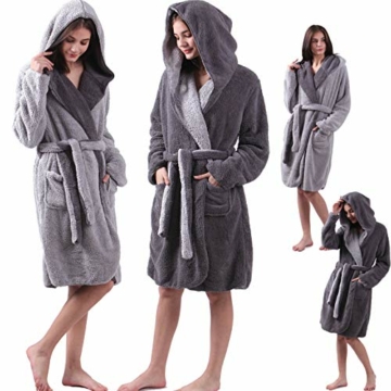 HOMELEVEL Sherpa Wende Bademantel Lammfell Optik für Damen und Herren mit Kapuze Morgenmantel Hausmantel - 2