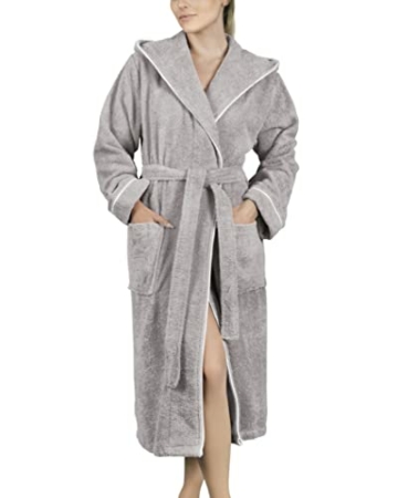 LAYNENBURG Bademantel Damen Frottee - Kapuze - Lang - 100% Baumwolle (360g/m2) - OEKO TEX Standard 100 - Größe (S, Grau) - 1