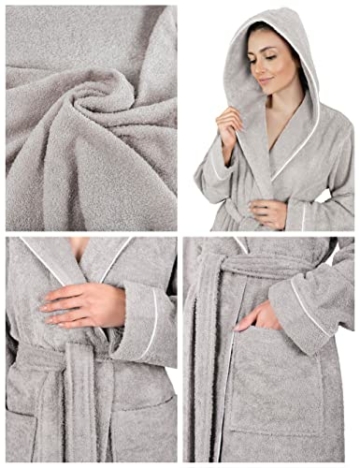 LAYNENBURG Bademantel Damen Frottee - Kapuze - Lang - 100% Baumwolle (360g/m2) - OEKO TEX Standard 100 - Größe (S, Grau) - 5