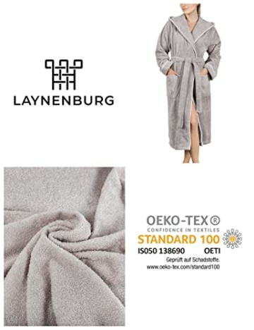 LAYNENBURG Bademantel Damen Frottee - Kapuze - Lang - 100% Baumwolle (360g/m2) - OEKO TEX Standard 100 - Größe (S, Grau) - 7