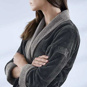 LOOKS BY WOLFGANG JOOP Bademantel L, Bademantel Unisex Frottee, Morgenmantel grau mit Schalkragen, hochwertige Baumwollmischung - 2