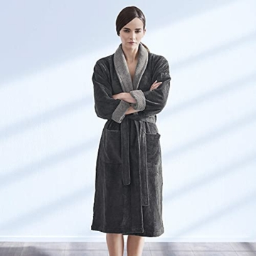 LOOKS BY WOLFGANG JOOP Bademantel L, Bademantel Unisex Frottee, Morgenmantel grau mit Schalkragen, hochwertige Baumwollmischung - 3