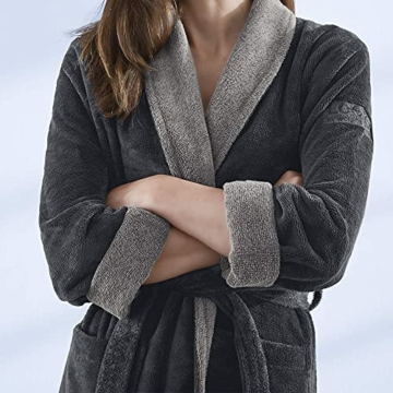 LOOKS BY WOLFGANG JOOP Bademantel L, Bademantel Unisex Frottee, Morgenmantel grau mit Schalkragen, hochwertige Baumwollmischung - 4