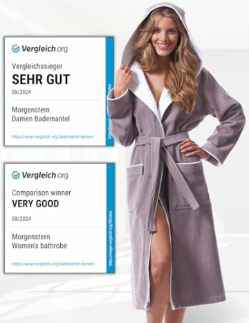 Morgenstern Bademantel Damen Kapuze 100% Baumwolle in Taupe Haus Bademantel lang Dusch Bademantel Velours Größe L Leonie - 2
