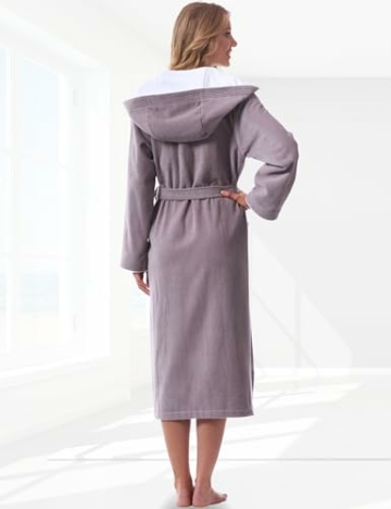 Morgenstern Bademantel Damen Kapuze 100% Baumwolle in Taupe Haus Bademantel lang Dusch Bademantel Velours Größe L Leonie - 4