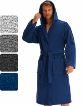 Morgenstern Bademantel Herren Frottee Baumwolle mit Kapuze lang Blau Gr. L - 1