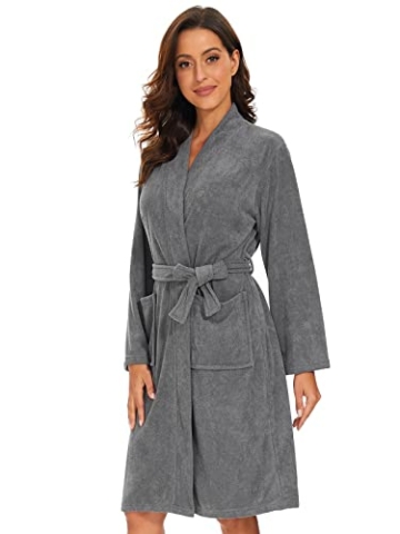 vislivin Leichter Bademantel Damen Frottee Bademantel Sauna Morgenmantel Knielanger Saunamantel Bathrobe Damen Grau M - 1