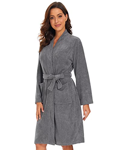 vislivin Leichter Bademantel Damen Frottee Bademantel Sauna Morgenmantel Knielanger Saunamantel Bathrobe Damen Grau M - 1