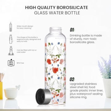 Autsel 1 liter Glasflasche Trinkflasche Glas Sport Borosilikat Glass Bottle Wasser Flasche mit Neopren-Hülle mit Auslaufsichere Abdeckung - 3