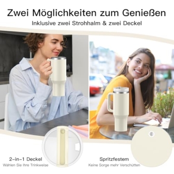 Bailkind 1182mL 40oz Thermobecher Autobecher Spritzfestem, Kaffeebecher to go Edelstahl Vakuum Isolierbecher mit 2 Strohhalm 2 dicht Deckel und Reinigungsbürste, BPA-Frei, Spülmaschinenfest-Schneeweiß - 2