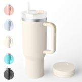 Bailkind 1182mL 40oz Thermobecher Autobecher Spritzfestem, Kaffeebecher to go Edelstahl Vakuum Isolierbecher mit 2 Strohhalm 2 dicht Deckel und Reinigungsbürste, BPA-Frei, Spülmaschinenfest-Schneeweiß - 1