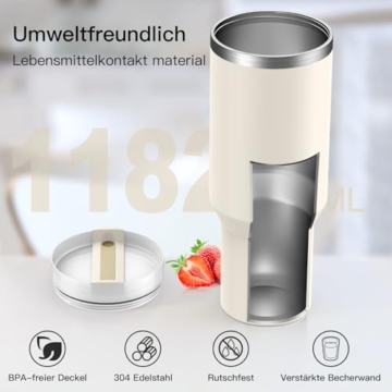 Bailkind 1182mL 40oz Thermobecher Autobecher Spritzfestem, Kaffeebecher to go Edelstahl Vakuum Isolierbecher mit 2 Strohhalm 2 dicht Deckel und Reinigungsbürste, BPA-Frei, Spülmaschinenfest-Schneeweiß - 4