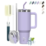 BIGRD 40oz Straw thermobecher to Go Mug, Insulated Tumbler, Double-Walled Stainless Steel Vacuum Leak-Proof Drinking Cup with Handle and Double Straw Deckel, Thermal Tumbler Lila - 1
