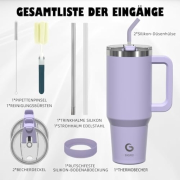 BIGRD 40oz Straw thermobecher to Go Mug, Insulated Tumbler, Double-Walled Stainless Steel Vacuum Leak-Proof Drinking Cup with Handle and Double Straw Deckel, Thermal Tumbler Lila - 3