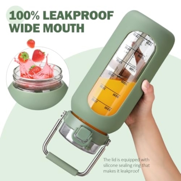 BLUEGO 2000ml Glaswasserflasche mit Edelstahlgriff und Zeitmarkierung 2L Motivation Glastrockner mit Silikonhülle und Stroh für Fitnessstudio Büro Draussen Sport Wasserflaschen BPA-frei, Oliver - 3