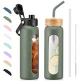 BLUEGO Trinkflasche Glas 700ml Sport Wasserflasche mit 2 Deckeln und Strohhalm Auslaufsichere Glasflasche mit Zeitmarkierung und Messskala BPA frei, Oliver - 1