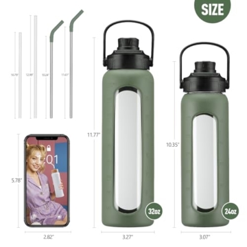 BLUEGO Trinkflasche Glas 700ml Sport Wasserflasche mit 2 Deckeln und Strohhalm Auslaufsichere Glasflasche mit Zeitmarkierung und Messskala BPA frei, Oliver - 5