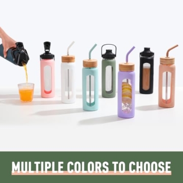 BLUEGO Trinkflasche Glas 700ml Sport Wasserflasche mit 2 Deckeln und Strohhalm Auslaufsichere Glasflasche mit Zeitmarkierung und Messskala BPA frei, Oliver - 7