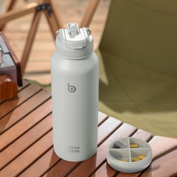 bottlebottle BOTTLE BOTTLE Isolierte Wasserflasche mit Strohhalm, Sport-Edelstahl-Wasserflasche mit Griffdeckel, Outdoor-Sportflasche für Pillen, 1l (Weiß) - 2