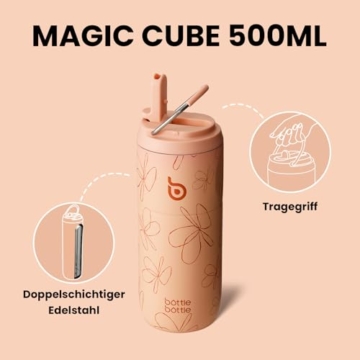 bottlebottle Edelstahl Trinkflasche mit Strohhalm 500ml, auslaufsichere Sportwasserflasche, ideal für Schule, Büro, Wandern und Ausflüge, BPA-frei (Gelbe Blumen) - 4