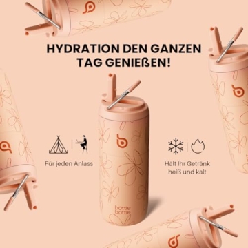 bottlebottle Edelstahl Trinkflasche mit Strohhalm 500ml, auslaufsichere Sportwasserflasche, ideal für Schule, Büro, Wandern und Ausflüge, BPA-frei (Gelbe Blumen) - 6