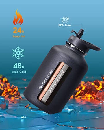 Coolflask 2L Trinkflasche Edelstahl mit PU-Lederhülle, halbe Gallone isolierte Wasserflaschen mit Strohhalm Deckel, Edelstahl Metall große Wasserkrug, halten kalt 48h heiß 24h, Polar Black - 4