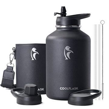 Coolflask 2L Trinkflasche Edelstahl mit PU-Lederhülle, halbe Gallone isolierte Wasserflaschen mit Strohhalm Deckel, Edelstahl Metall große Wasserkrug, halten kalt 48h heiß 24h, Polar Black - 1