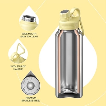 IDEUS Vakuumisolierte Wasserflasche, 40oz (1140 ml) Edelstahl Doppelwand Flasche Metall Sport Kantine mit auslaufsicherem Schraubverschluss (Hellgelb) - 3