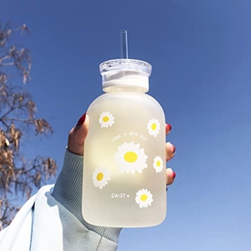 JZSMY Flasche mit Skala für Milch, Saft und Wasser, 2 Deckel, kleines Gänseblümchen, süß, transparent, tragbar, kreativ, handlich, 480 ml, matt, 1 Stück, 6 Blumen - 2