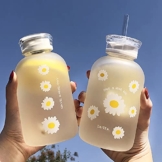 JZSMY Flasche mit Skala für Milch, Saft und Wasser, 2 Deckel, kleines Gänseblümchen, süß, transparent, tragbar, kreativ, handlich, 480 ml, matt, 1 Stück, 6 Blumen - 1