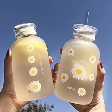 JZSMY Flasche mit Skala für Milch, Saft und Wasser, 2 Deckel, kleines Gänseblümchen, süß, transparent, tragbar, kreativ, handlich, 480 ml, matt, 1 Stück, 6 Blumen - 1
