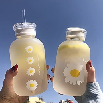 JZSMY Flasche mit Skala für Milch, Saft und Wasser, 2 Deckel, kleines Gänseblümchen, süß, transparent, tragbar, kreativ, handlich, 480 ml, matt, 1 Stück, 6 Blumen - 5