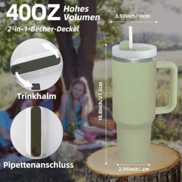 LOITTAINUE Thermobecher mit Strohhalm und Henkel, 1180ml 40oz Kaffeebecher To Go mit Deckel, Doppelwandiger Edelstahl Vakuum Isolierbecher, Tragbare Autobecher für Kalte Heiße Getränke (Grün) - 2