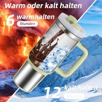 LOITTAINUE Thermobecher mit Strohhalm und Henkel, 1180ml 40oz Kaffeebecher To Go mit Deckel, Doppelwandiger Edelstahl Vakuum Isolierbecher, Tragbare Autobecher für Kalte Heiße Getränke (Grün) - 4