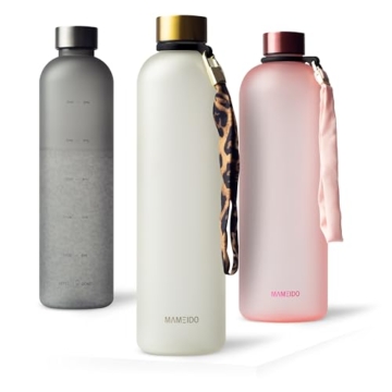 MAMEIDO Trinkflasche 1l Kohlensäure & Spülmaschine geeignet, auslaufsichere Trinkflasche mit Zeitmarkierung, Wasserflasche BPA frei für Sport, Gym & Büro, Water Bottle (Ivory Beige, 1000ml) - 1