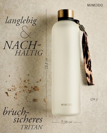 MAMEIDO Trinkflasche 1l Kohlensäure & Spülmaschine geeignet, auslaufsichere Trinkflasche mit Zeitmarkierung, Wasserflasche BPA frei für Sport, Gym & Büro, Water Bottle (Ivory Beige, 1000ml) - 5