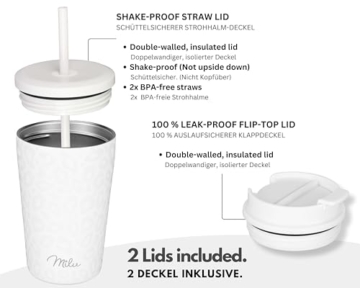 Milu Thermobecher 300ml - 100% Auslaufsicher - Edelstahl Kaffeebecher to go isoliert mit Strohhalm hält 10h heiß / 20h kalt, BPA-frei (White Leopard, 300ml) - 2