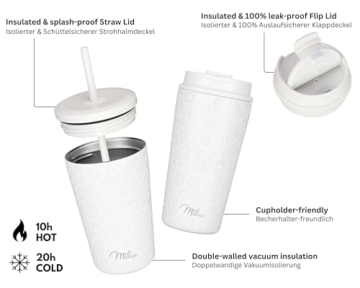 Milu Thermobecher 300ml - 100% Auslaufsicher - Edelstahl Kaffeebecher to go isoliert mit Strohhalm hält 10h heiß / 20h kalt, BPA-frei (White Leopard, 300ml) - 4