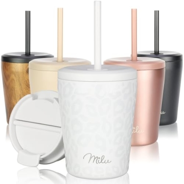 Milu Thermobecher 300ml - 100% Auslaufsicher - Edelstahl Kaffeebecher to go isoliert mit Strohhalm hält 10h heiß / 20h kalt, BPA-frei (White Leopard, 300ml) - 1