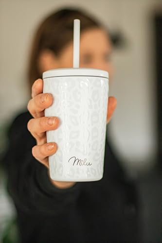 Milu Thermobecher 300ml - 100% Auslaufsicher - Edelstahl Kaffeebecher to go isoliert mit Strohhalm hält 10h heiß / 20h kalt, BPA-frei (White Leopard, 300ml) - 7