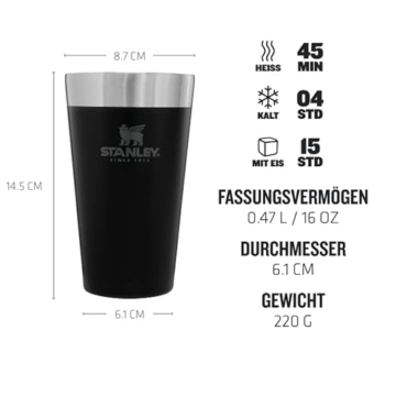 Stanley Adventure Stacking Bierkrug 473 ml - Edelstahl Thermobecher Hält 4 Stunden Kalt - BPA-Frei - Stapelbare Doppelwandiger, Vakuumisolierter Thermotasse - Spülmaschinenfest - Matte Black - 2